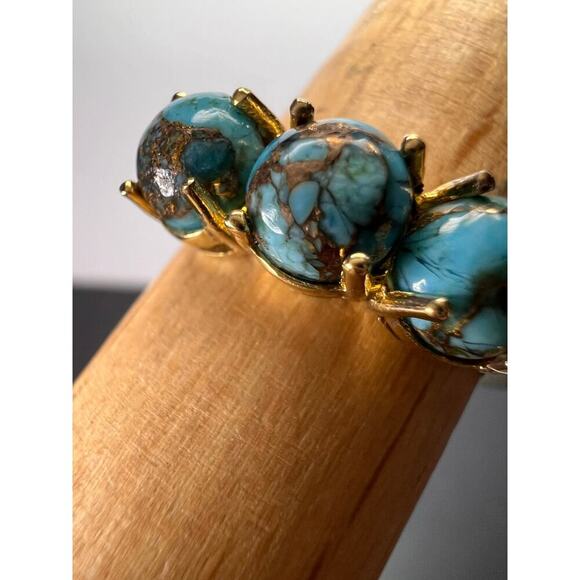 Blue composite turquoise trilogy ring in gold over sterling silver size 9 - Picture 7 of 9